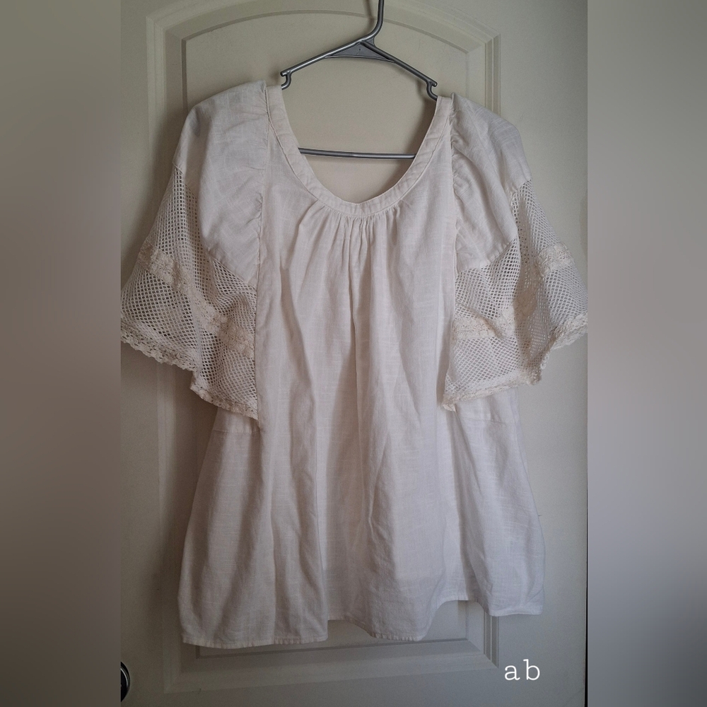 Old Navy Cotton Shift Top Sz XL Ivory Lace Flutter Sleeves Cottagecore Beachy